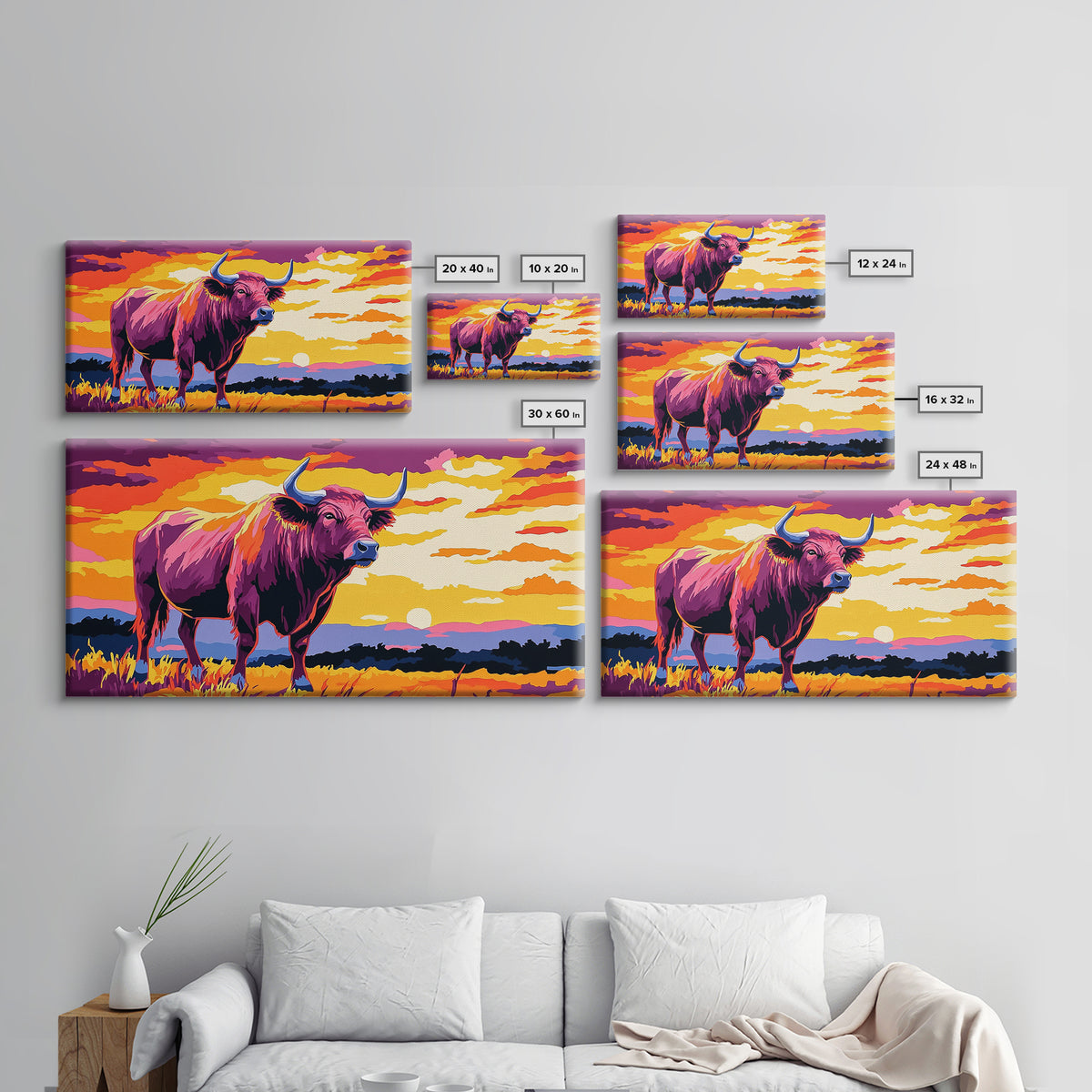 Bull Sunset, bull and bear art, rustic wall art, farmhouse decor, sunset painting, moody art, framed canvas print