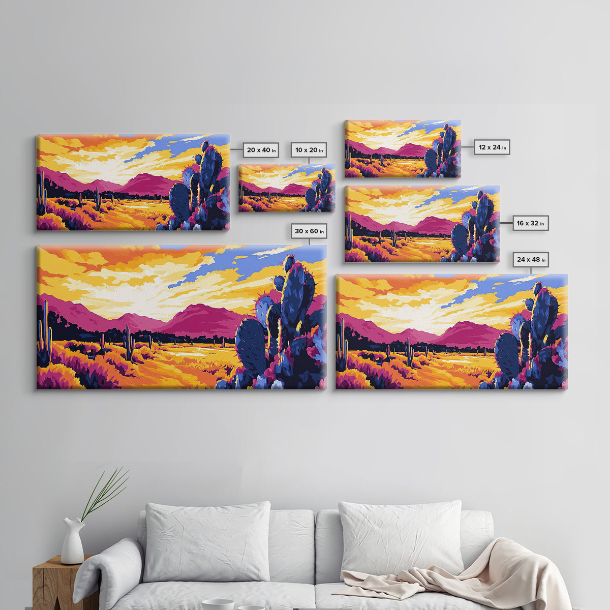 Desert Cactus, southwest wall art, mountain painting, rustic decor, landscape painting, panoramic art, Framed Canvas Print, extra wide art
