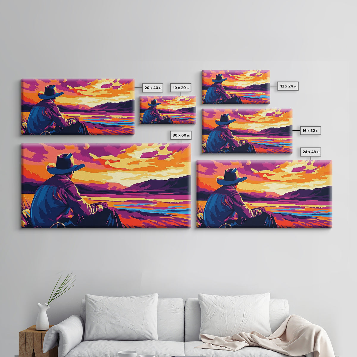 Cowboy Sunset, western art, landscape painting, rustic decor, panoramic art, farmhouse art, Framed Canvas Print, gift idea, extra wide art