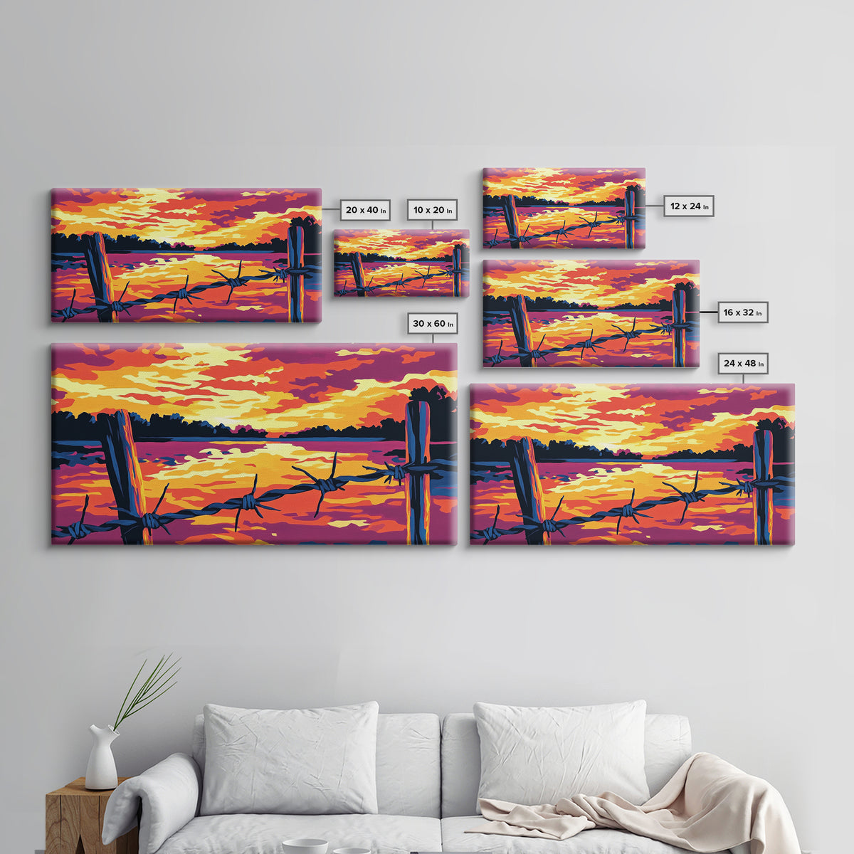 Barbed wire, rustic fence, cowboy art, sunset glow, farmhouse wall art, panoramic painting, western landscape, framed canvas print