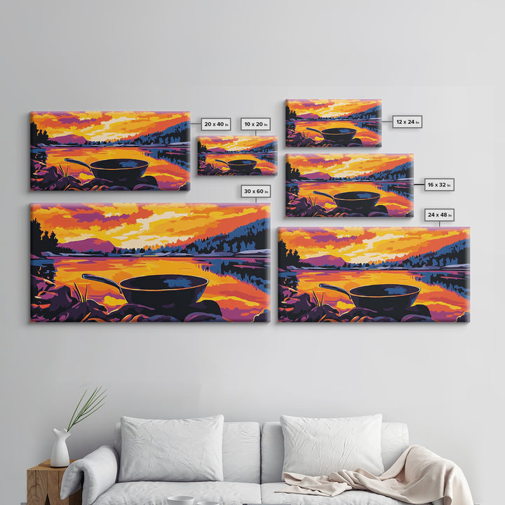 Cast iron pan, outdoor cooking, cowboy camping, rustic kitchen decor, lakeside sunset, nostalgic western art, framed canvas print