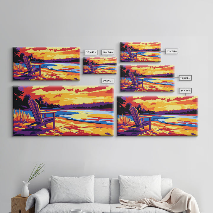 Adirondack chair, lake view, relaxing sunset, cabin art, rustic landscape, extra wide art, nature lover decor, canvas print