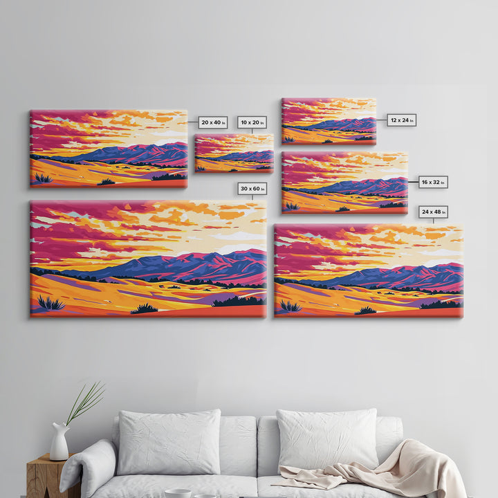 Desert dunes, mountain painting, western sunset, scenic landscape art, minimalist boho decor, panoramic art, framed canvas print