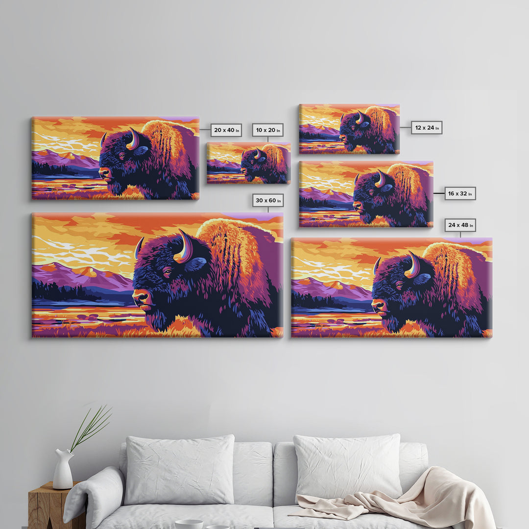 Bison, mountain scenery, rustic wildlife decor, western art, nature lover gift idea, farmhouse wall art, framed canvas print