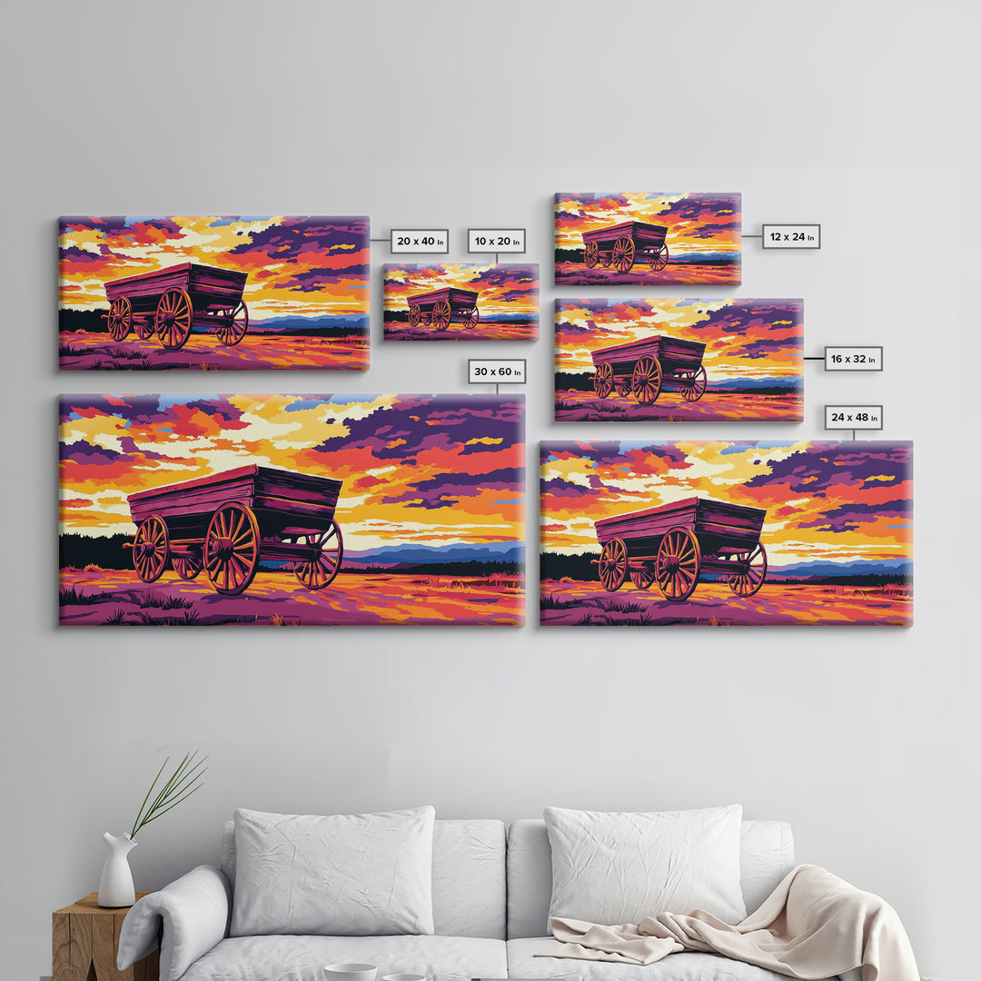 Covered wagon, prairie landscape, rustic western art, historical painting, farmhouse decor, extra wide art, framed canvas print