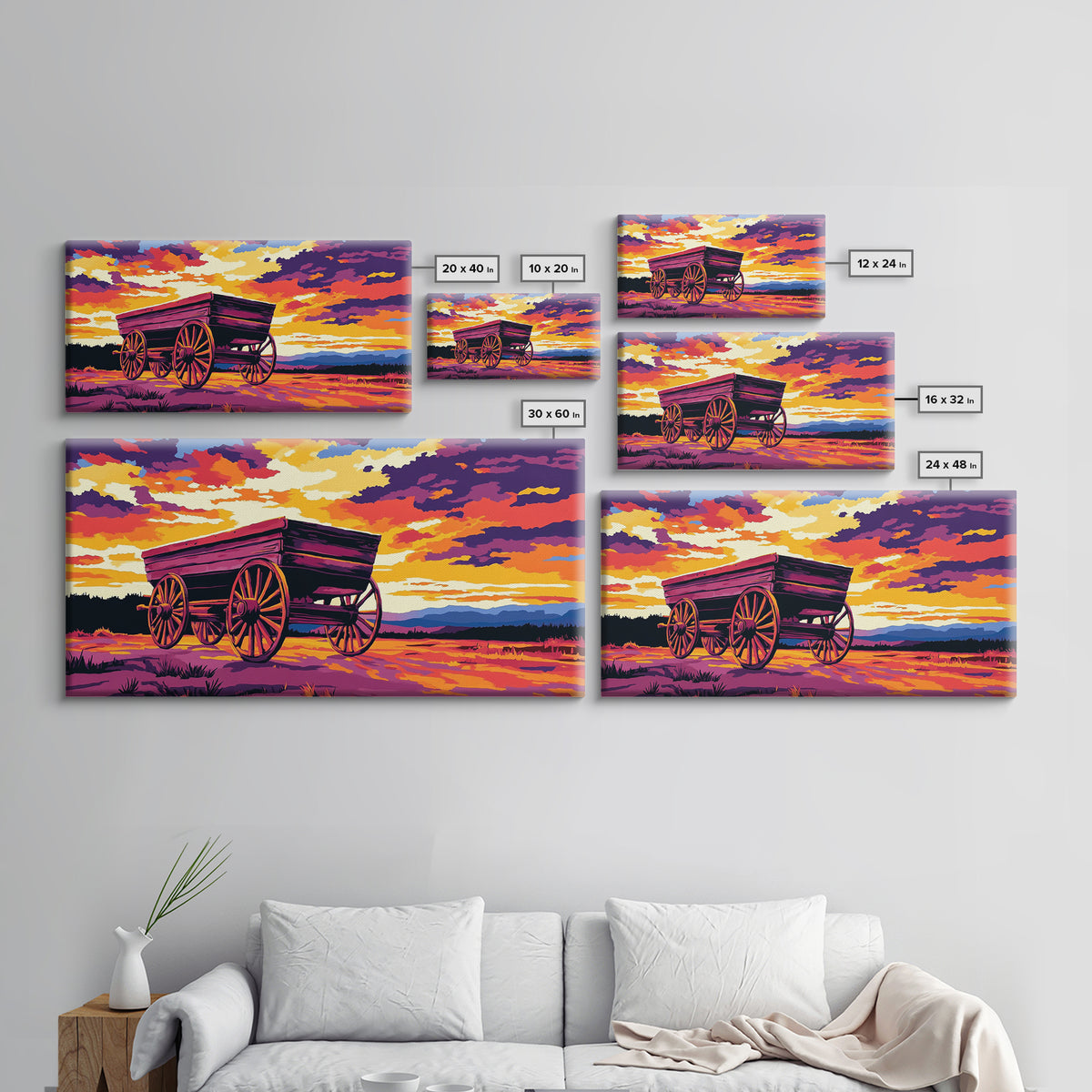 Covered wagon, prairie landscape, rustic western art, historical painting, farmhouse decor, extra wide art, framed canvas print