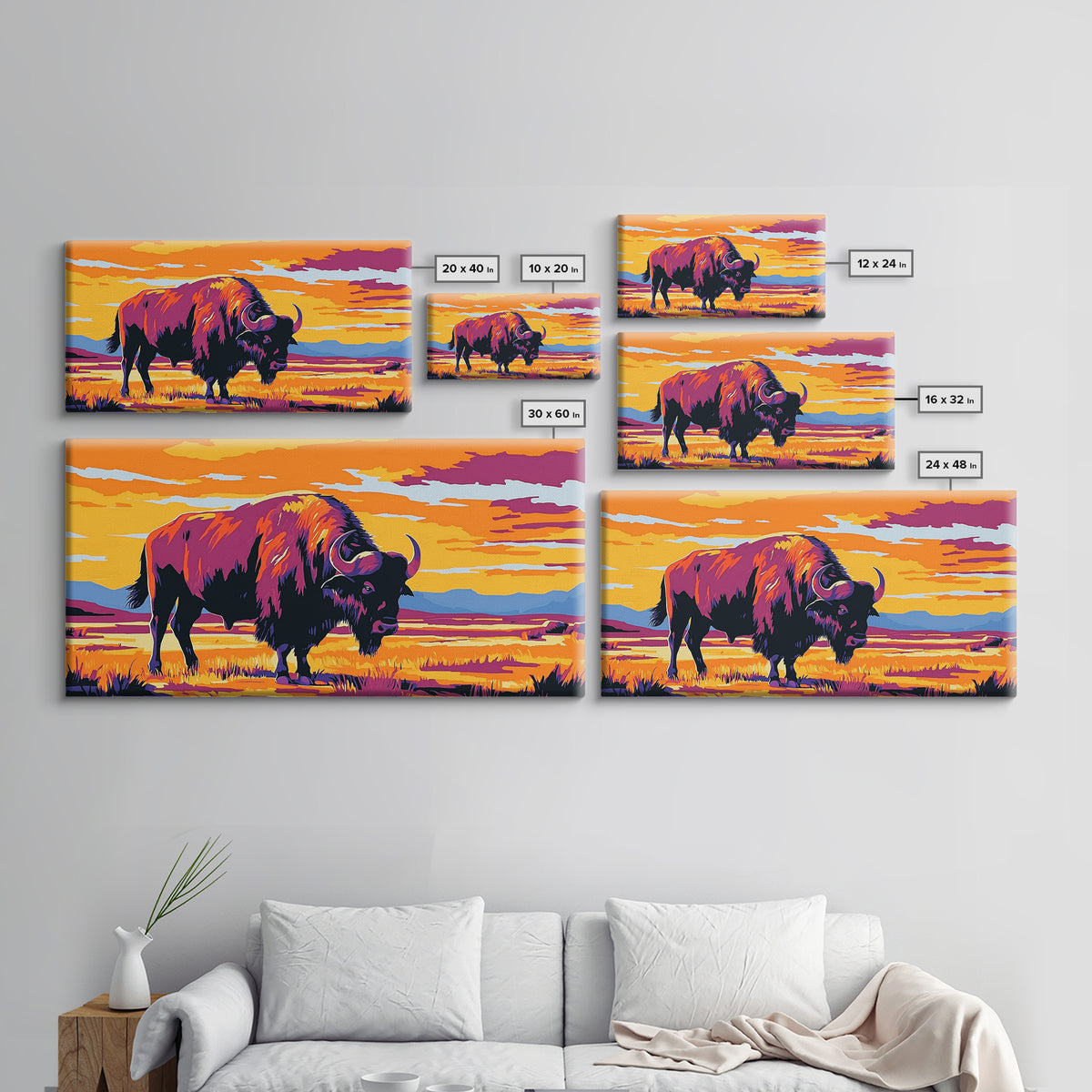 Bison Prairie, rustic art, southwest wall art, landscape painting, extra wide art, panoramic painting, farmhouse art, Framed Canvas Print