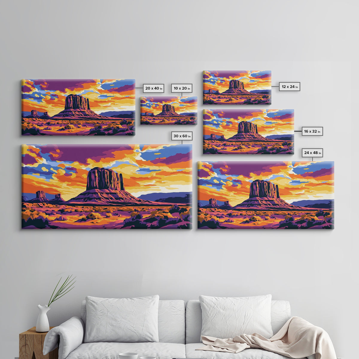 Monument Valley, desert painting, southwest wall art, mountain painting, boho art, panoramic art, Canvas Print, rustic wall art, cowboy gift