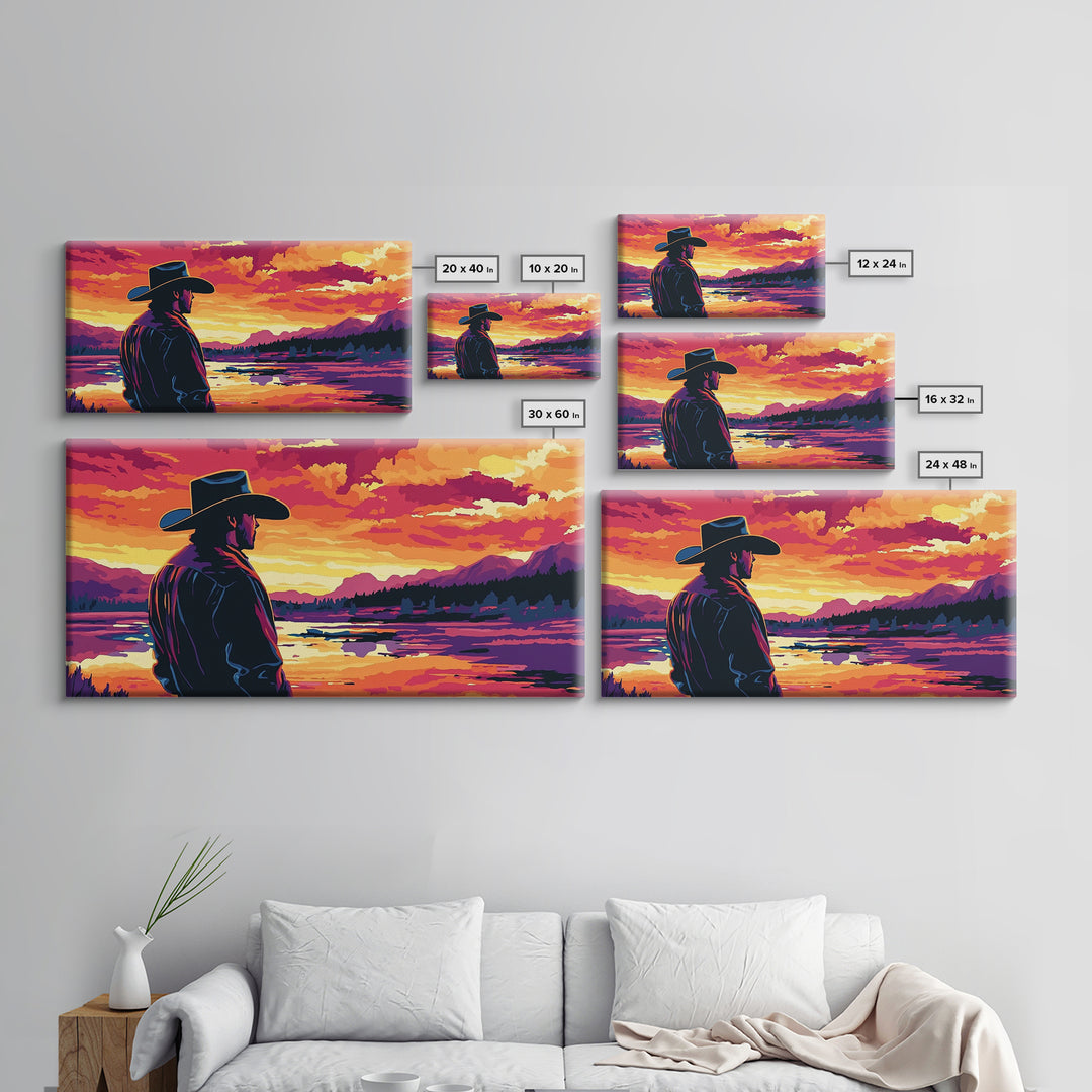 Cowboy Silhouette, Western Art, Southwest Wall Art, Rustic Decor, Moody Art, Framed Canvas Print, Gift Idea, Panoramic Art, Horizontal Wall Art
