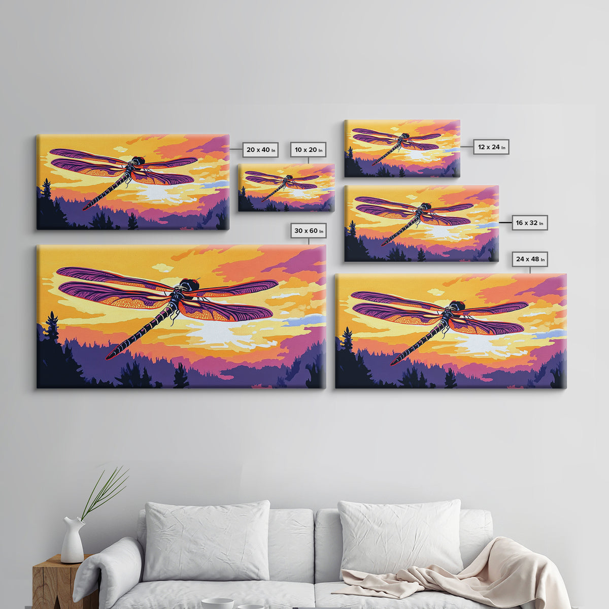 Dragonfly Glow, whimsical art, nature painting, wildflower painting, botanical prints, pink orange wall art, framed canvas print