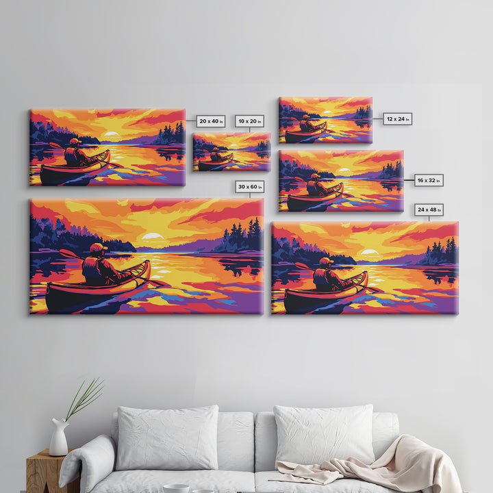 Kayaker at Sunset, fisherman painting, nautical painting, coastal landscape art, rustic decor, panoramic painting, canvas print