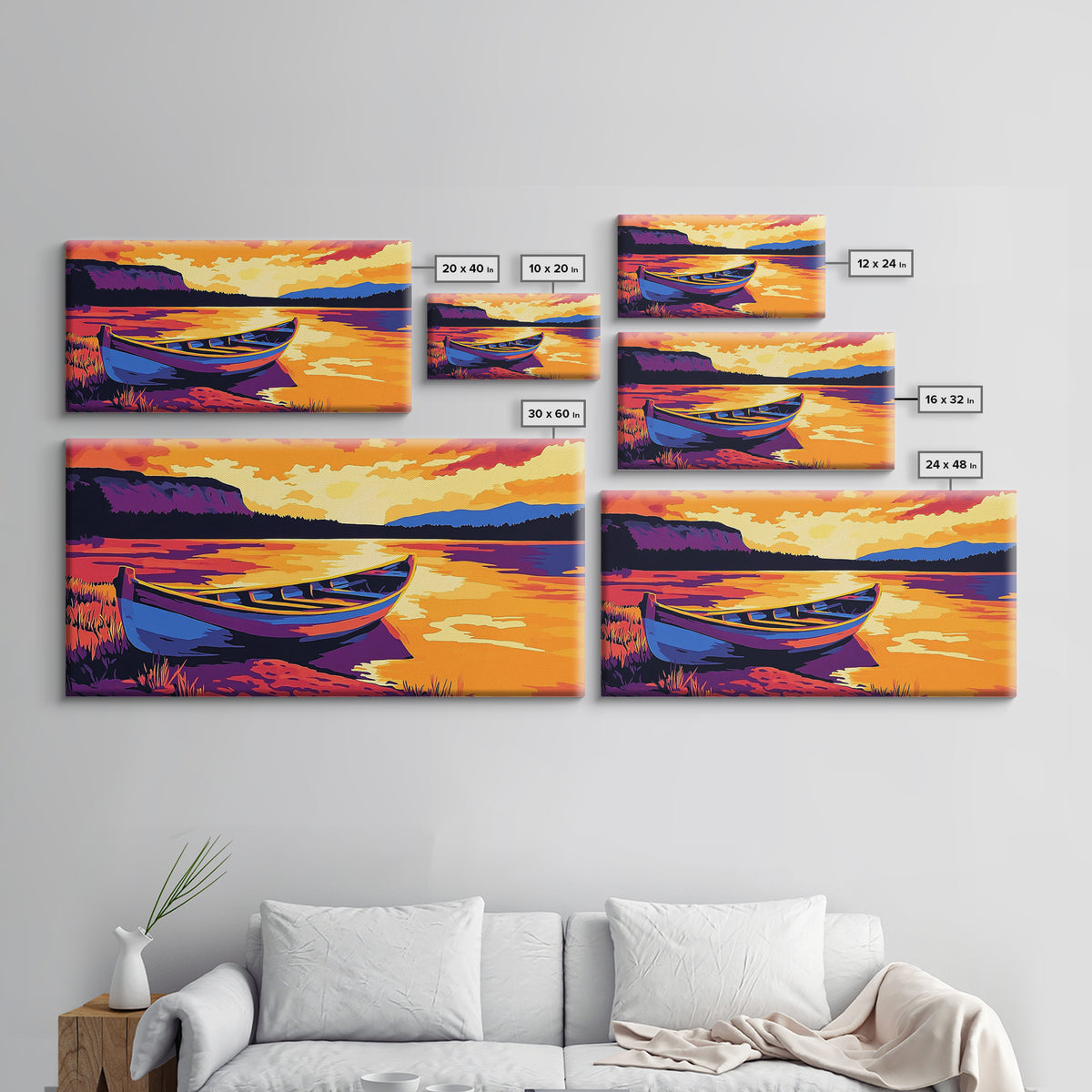 Boat on the Shore, nautical painting, seascape painting, rustic decor, above couch art, panoramic painting, extra wide art, canvas print