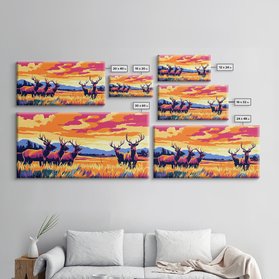 Autumn Elk, wildlife painting, deer drinking water in forest painting, rustic decor, farmhouse art, landscape painting, framed canvas print