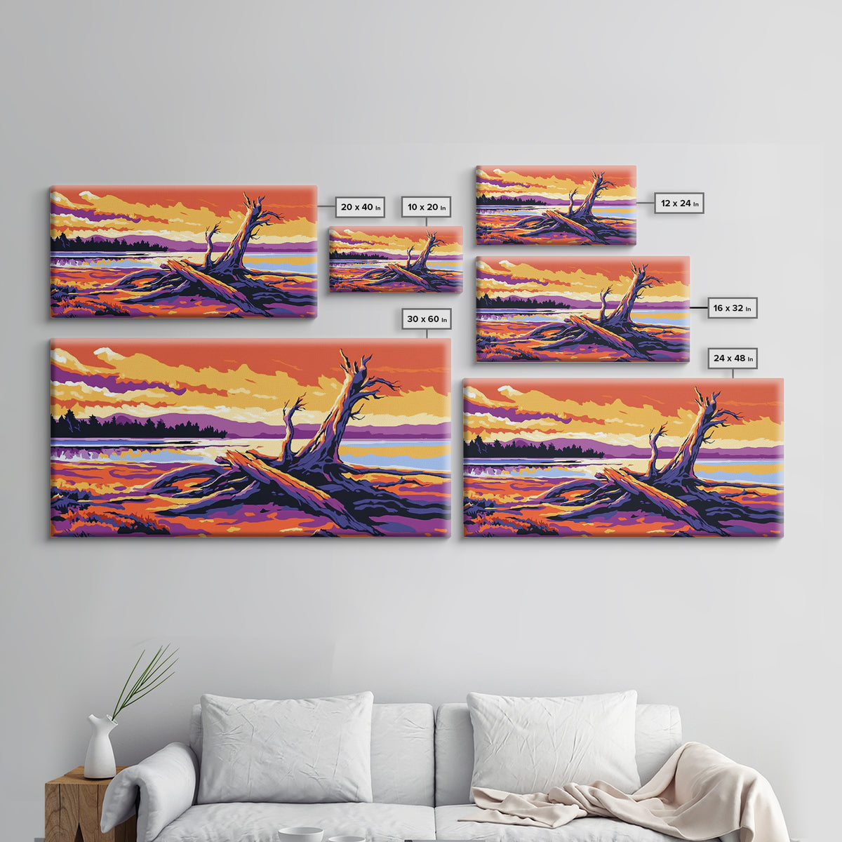 Driftwood Beach Scene, coastal landscape art, nautical painting, rustic wall art, ocean sunset art, panoramic art, framed canvas print