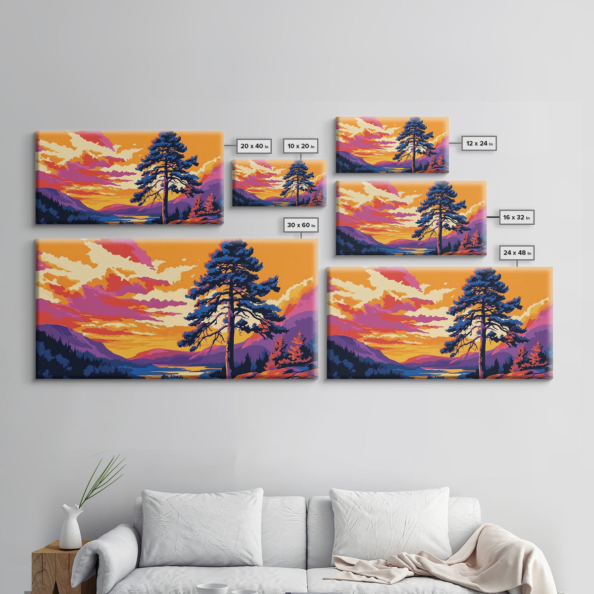 Pine Tree Sunset, smoky mountain art, Joshua tree art, landscape painting, rustic decor, extra wide wall art, framed canvas print