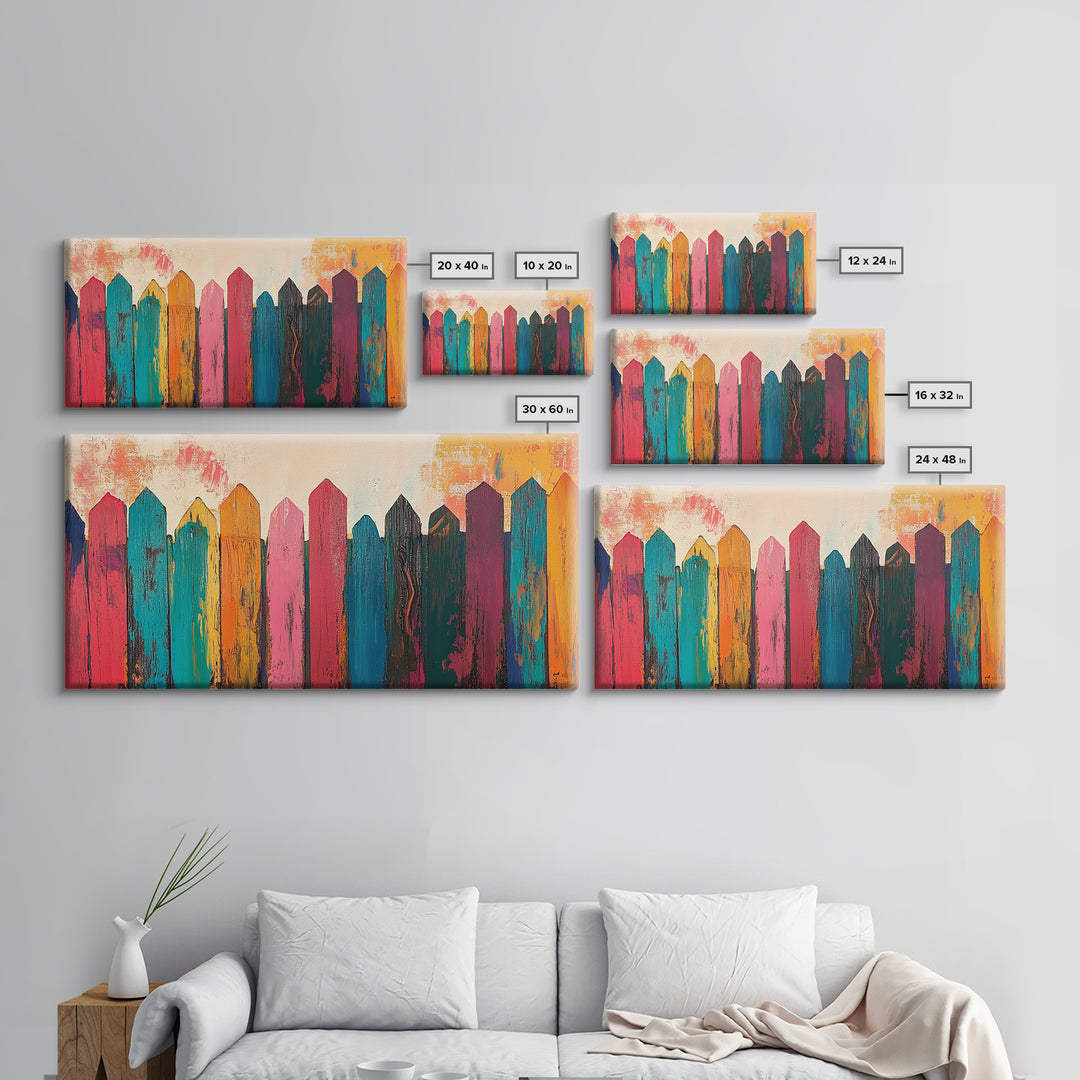 Rustic Fence Art, farmhouse art, rustic wall art, wabi sabi art, colorful wood painting, extra wide art, canvas print, southwestern decor