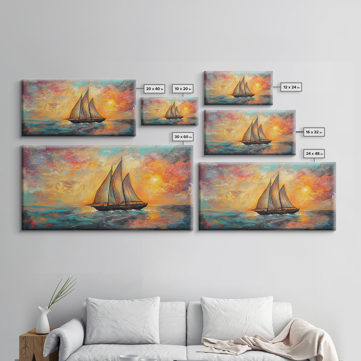 Sailboat at Sunset, nautical painting, coastal decor, seascape painting, beach house art, extra wide art, oil painting, canvas print