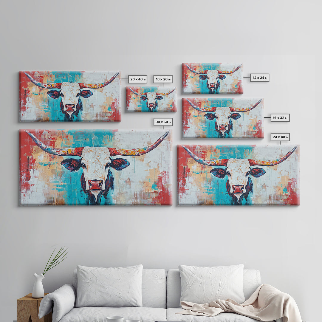Colorful Longhorn Art, rustic wall art, farmhouse art, southwest wall art, bold animal painting, extra wide art, canvas print, wabi sabi art