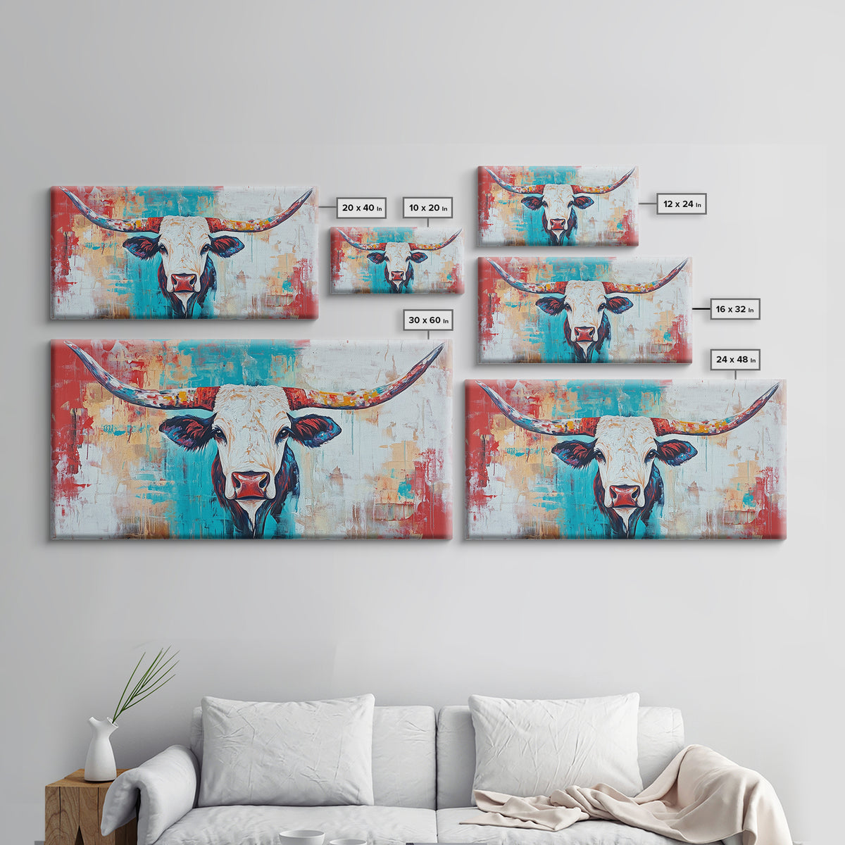 Colorful Longhorn Art, rustic wall art, farmhouse art, southwest wall art, bold animal painting, extra wide art, canvas print, wabi sabi art