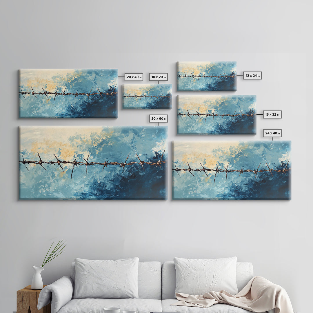 Barbed Wire, Rustic Wall Art, Southwest Art, Minimalist Art, Moody Painting, Extra Wide Art, Western Landscape Art, Framed Canvas Print