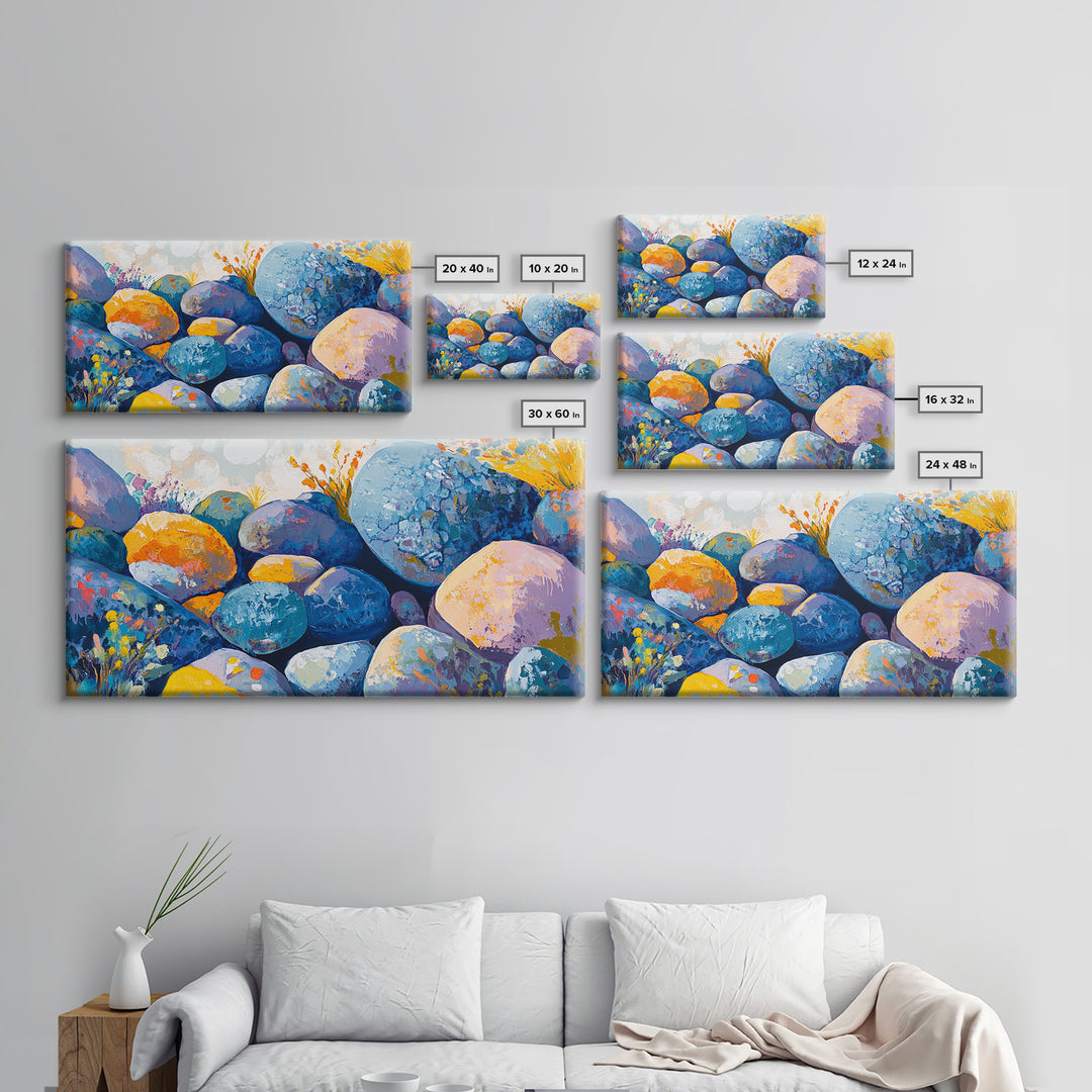 River Rocks, Whimsical Art, Mosaic Wall Art, Boho Art, Teal Wall Art, Nature Inspired Art, Abstract Landscape, Canvas Print, Gift Idea Her