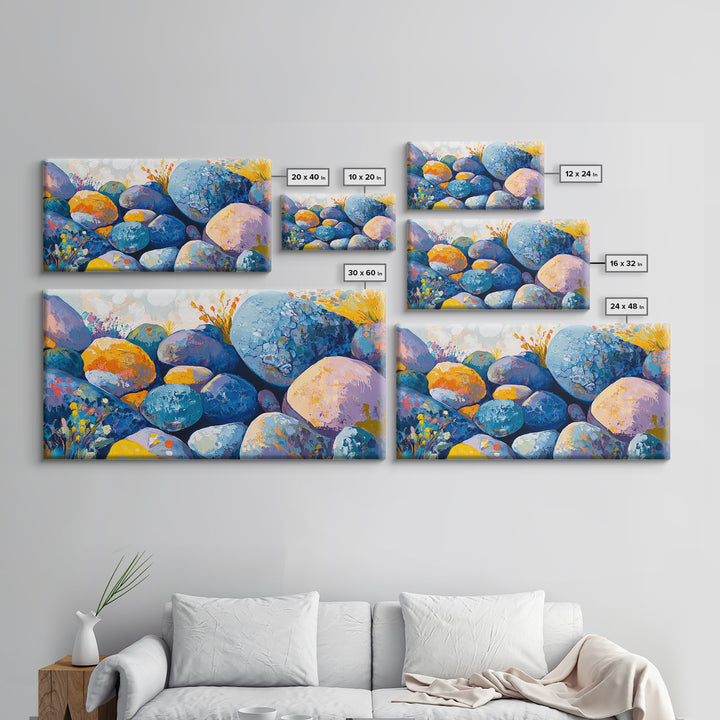 River Rocks, Whimsical Art, Mosaic Wall Art, Boho Art, Teal Wall Art, Nature Inspired Art, Abstract Landscape, Canvas Print, Gift Idea Her