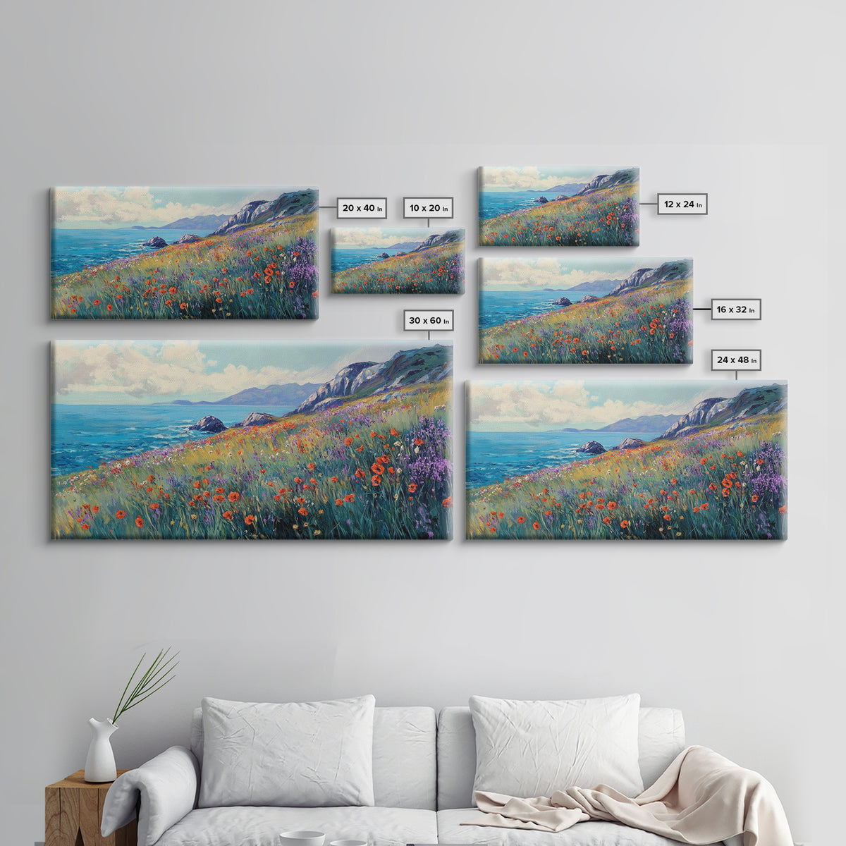 Coastal Wildflower Art, Framed Canvas Print, Poppy Wall Art, Coastal Landscape Art, Seascape Painting, Extra Wide Art, Above Couch Art