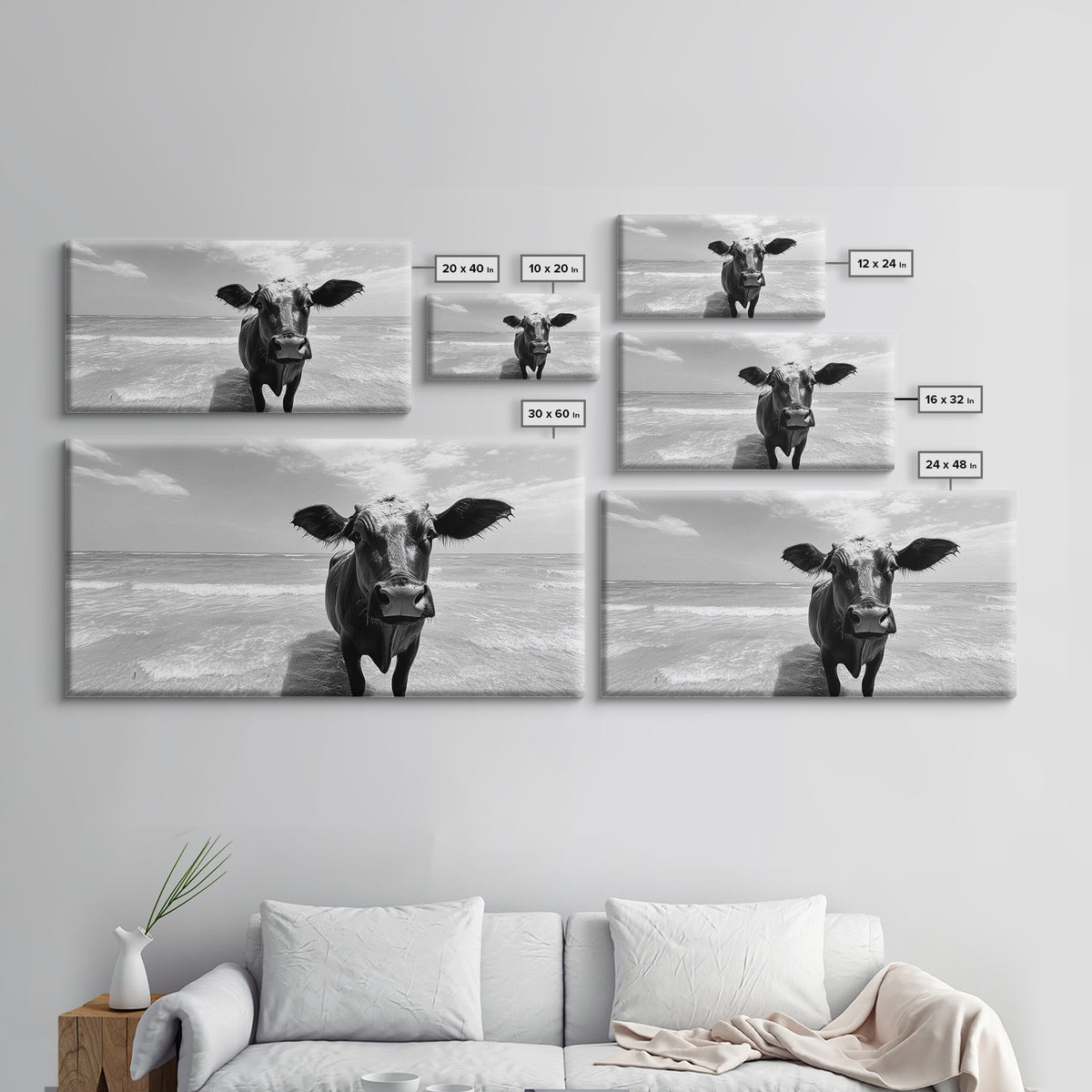 Curious Beach Cow, coastal wall art, cow painting, whimsical art, black and white photography, farmhouse decor, seascape painting, Canvas Print