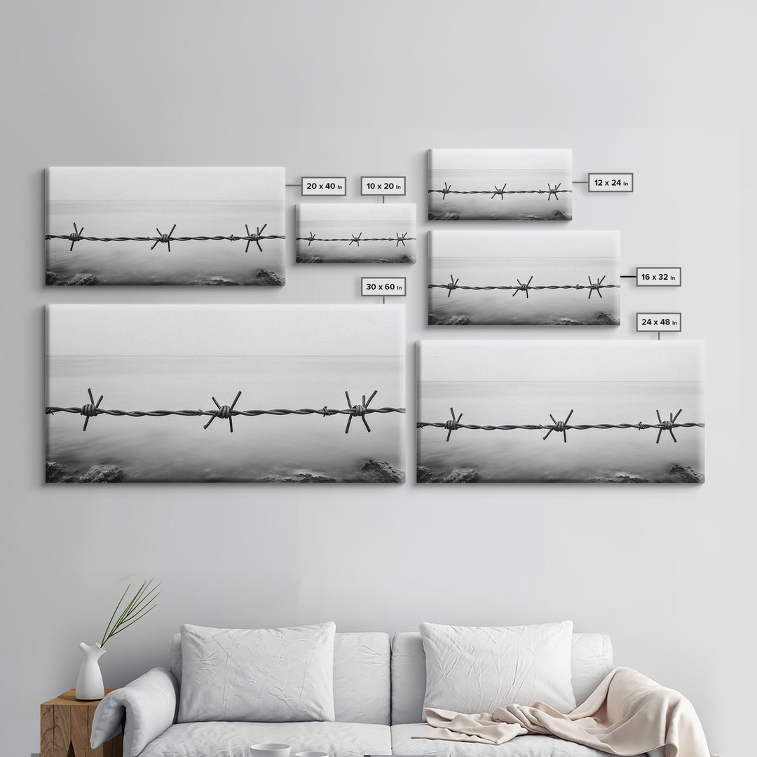 Barbed Wire, rustic decor, farmhouse art, minimalist black and white, modern wabi sabi wall art, textured art, panoramic art, Canvas Print