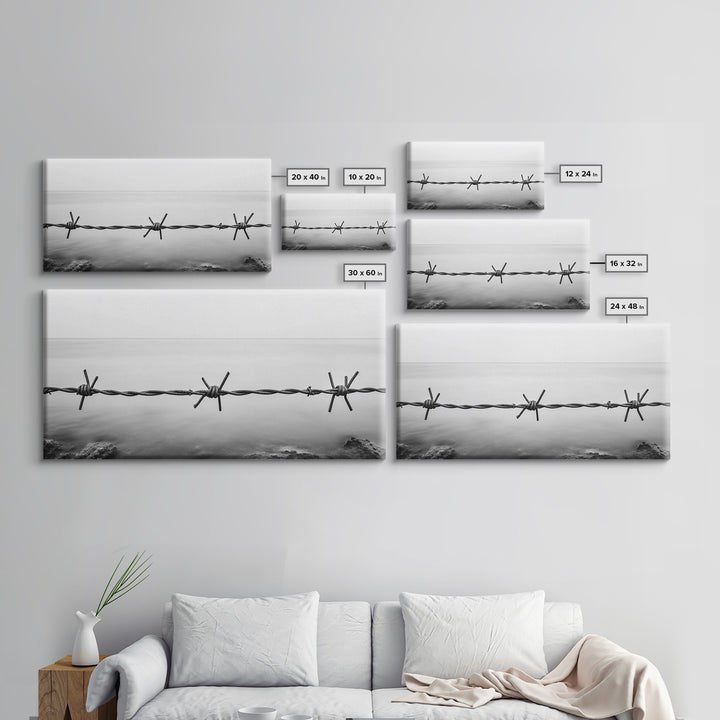 Barbed Wire, rustic decor, farmhouse art, minimalist black and white, modern wabi sabi wall art, textured art, panoramic art, Canvas Print