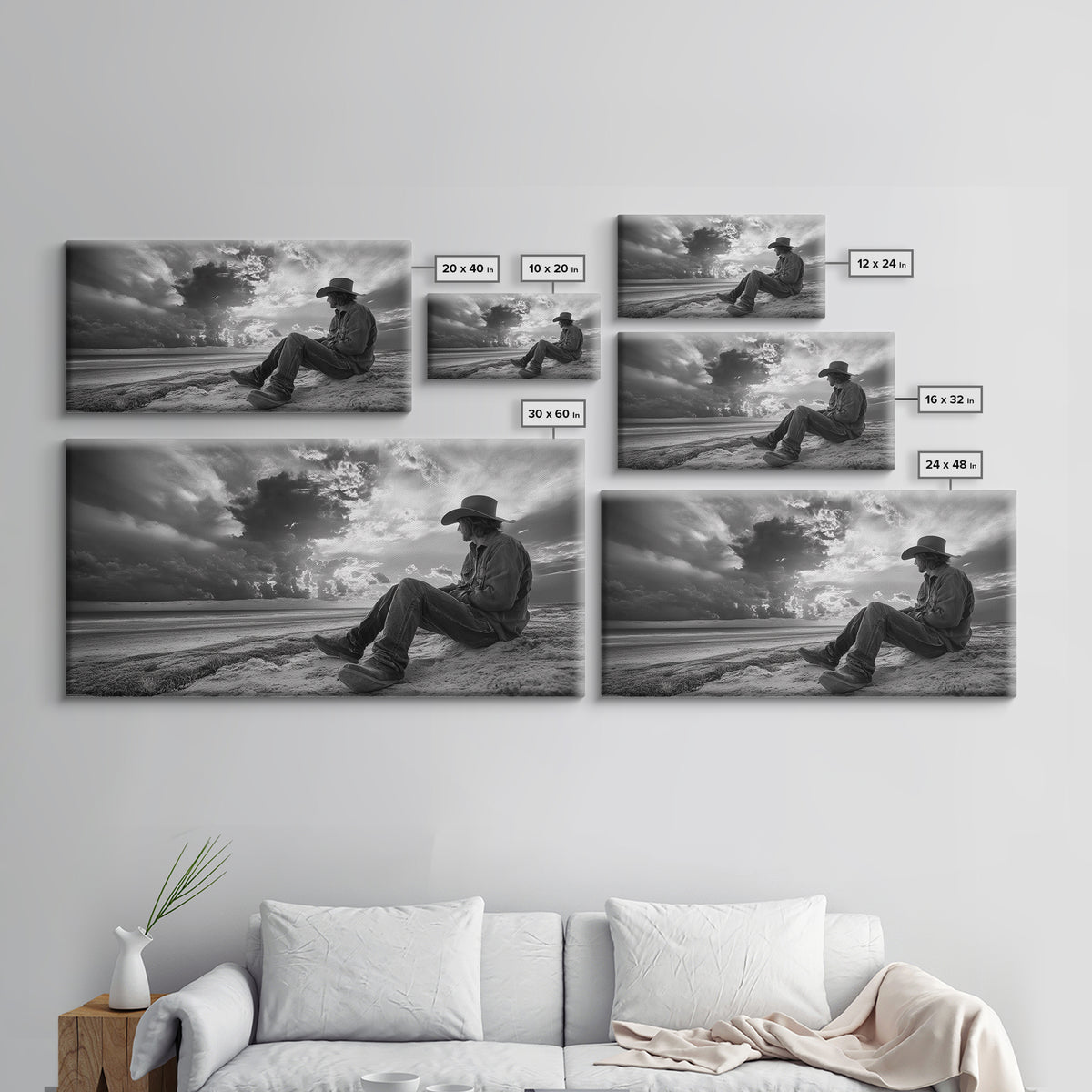 Cowboy on Beach, Moody Art, Western Wall Art, Dramatic Sky Print, Rustic Decor, Coastal Cowgirl Aesthetic, Framed Canvas Print, Scenic View