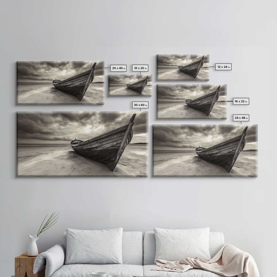 Abandoned Boat, Nautical Wall Art, Coastal Decor, Seascape Painting, Rustic Wall Art, Dramatic Sky, Framed Canvas Print, Panoramic Art
