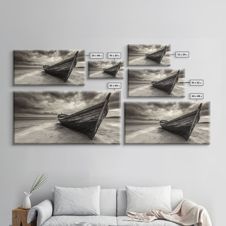 Abandoned Boat, Nautical Wall Art, Coastal Decor, Seascape Painting, Rustic Wall Art, Dramatic Sky, Framed Canvas Print, Panoramic Art