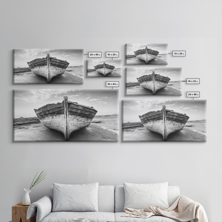 Beached Boat, Nautical Wall Art, Rustic Decor, Coastal Landscape Art, Extra Wide Art, Panoramic Painting, Canvas Print