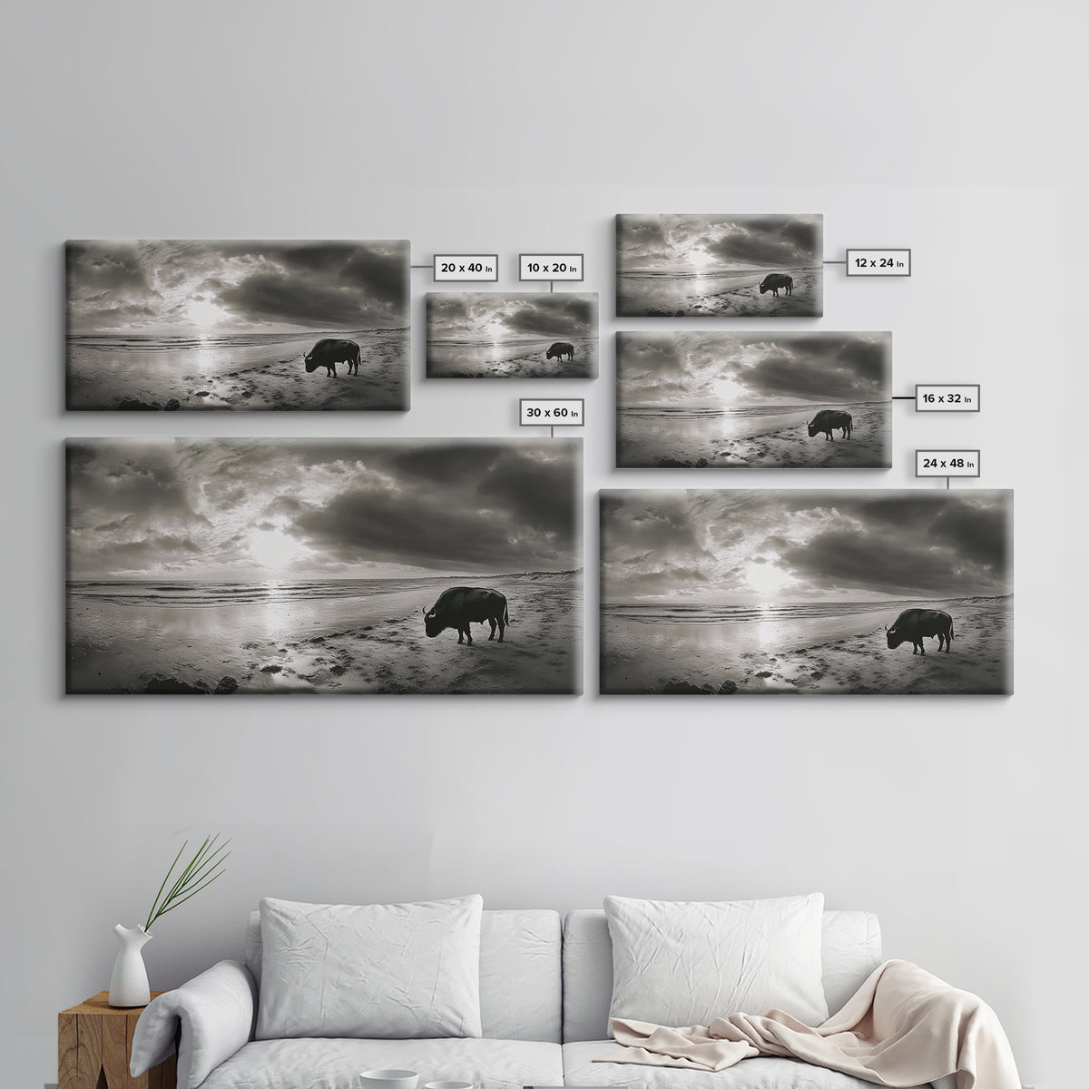 Buffalo, seascape painting, coastal landscape art, rustic decor, farmhouse art, panoramic painting, extra wide art, framed canvas print