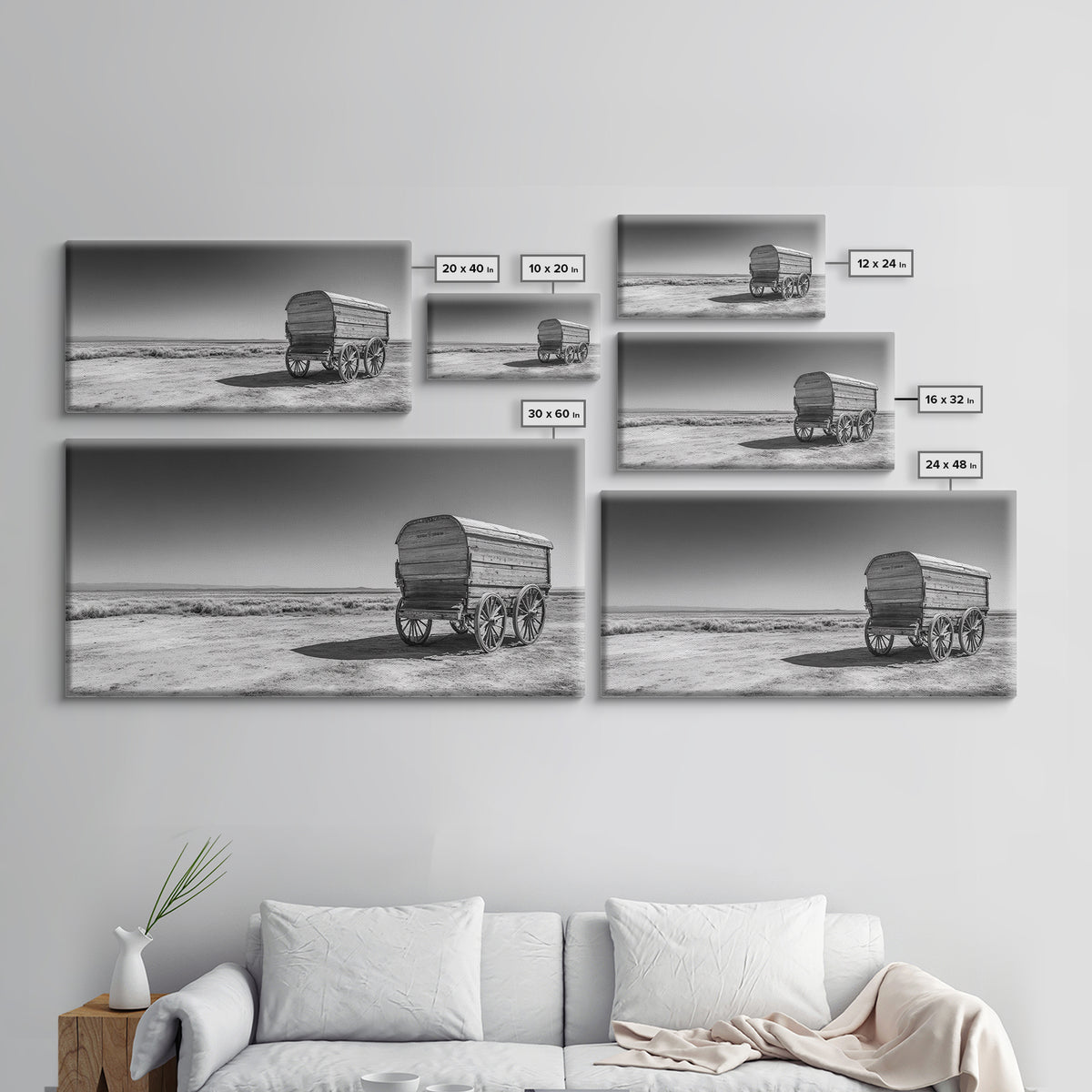 Covered wagon, rustic art, farmhouse art, western decor, landscape painting, extra wide art, panoramic art, framed canvas print