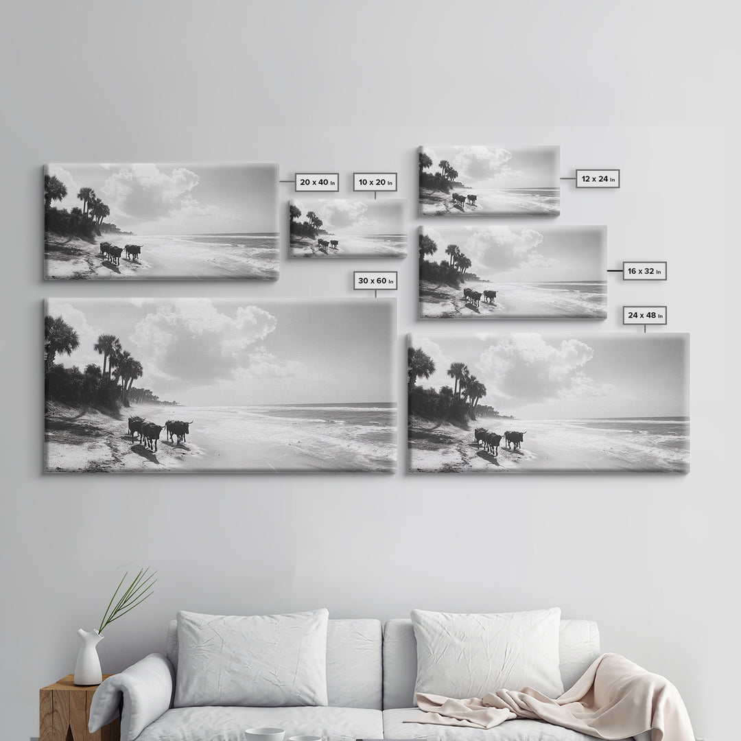 Cattle on beach, coastal cowgirl wall art, rustic decor, farmhouse art, landscape painting, panoramic painting, extra wide art, framed canvas print