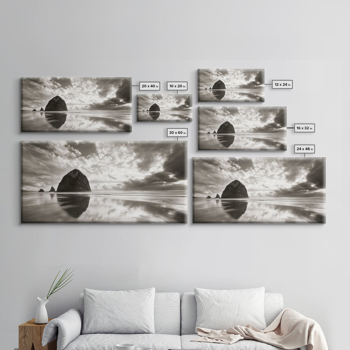 Coastal, seascape, moody art, ocean view, nautical wall art, panoramic painting, extra wide art, above bed wall art, framed canvas print
