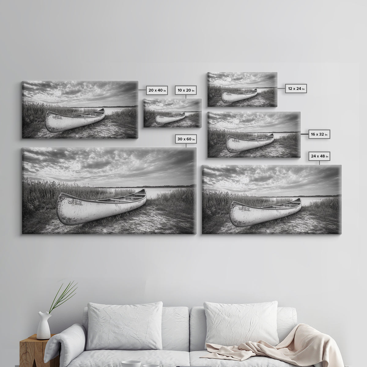 Canoe, lake, coastal cowgirl wall art, rustic decor, farmhouse art, panoramic art, horizontal wall art, extra wide art, framed canvas print