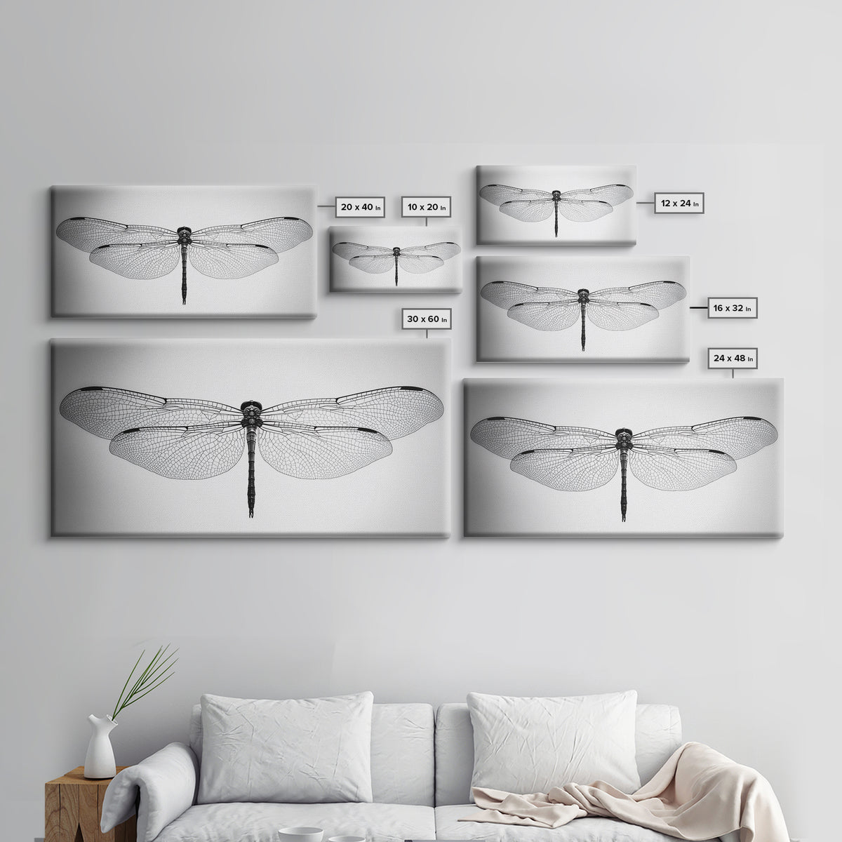 Dragonfly, line art, minimalist art, black and white art, nature painting, botanical prints, extra wide art, framed canvas print