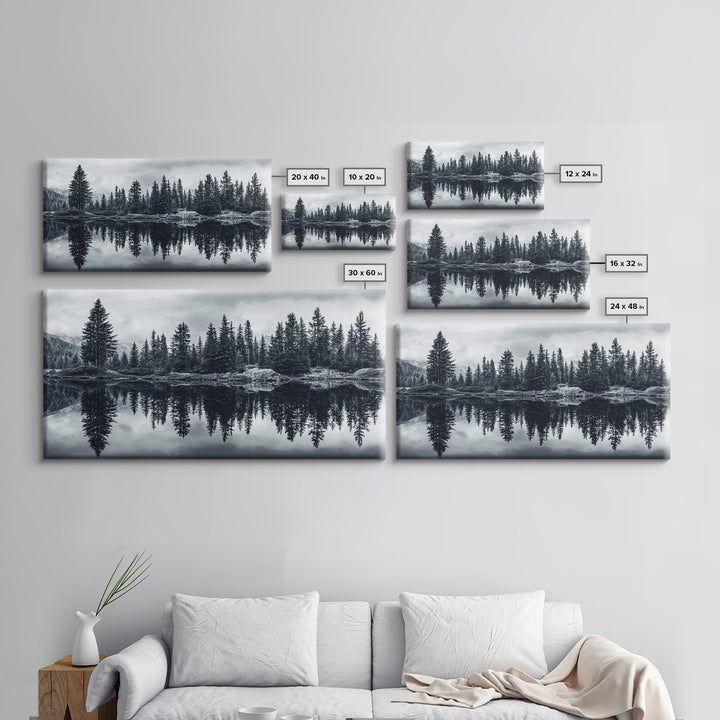 Pine tree reflection, moody art, mountain painting, pine tree art, rustic decor, panoramic art, extra wide art, framed canvas print