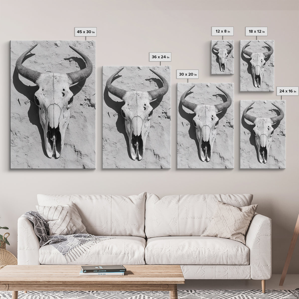 Bull skull, desert aesthetic, cowboy art, rustic decor, black and white photography, boho art, framed canvas print, western wall art