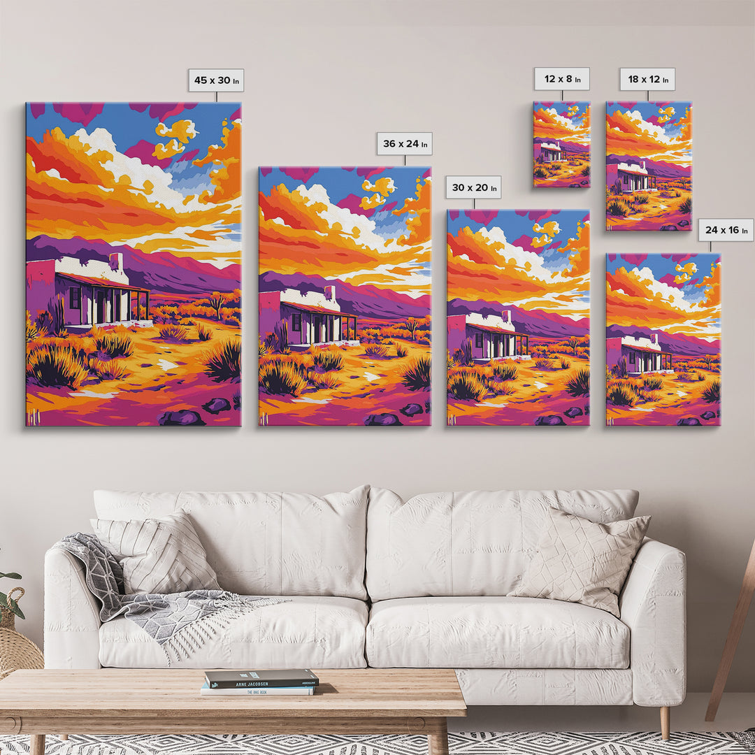Southwest sunset, desert house, Joshua tree art, pink orange wall art, rustic wall art, boho art, framed canvas print, landscape painting