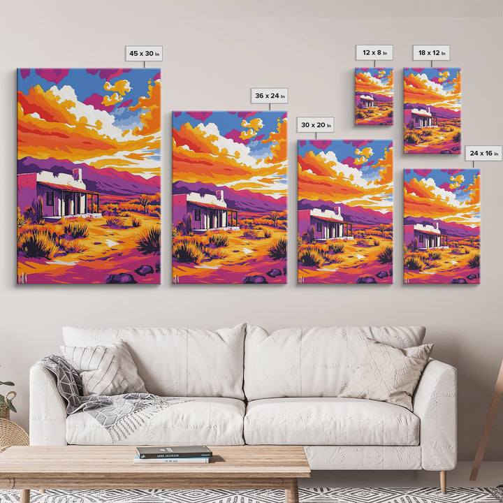 Southwest sunset, desert house, Joshua tree art, pink orange wall art, rustic wall art, boho art, framed canvas print, landscape painting