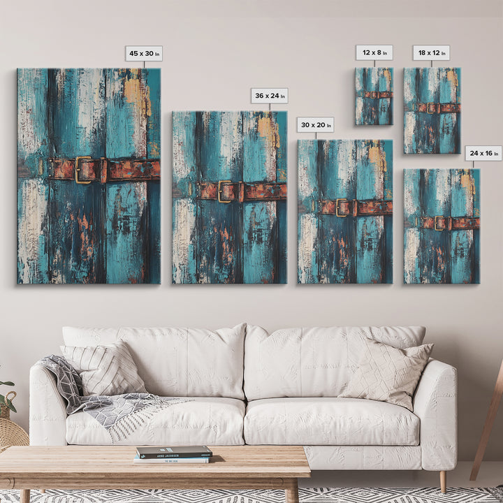 Rustic blue door, worn leather belt, southwest wall art, farmhouse art, textured painting, wabi sabi art, framed canvas print, rustic decor