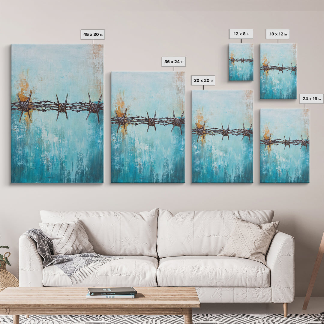 Barbed Wire, southwest wall art, rustic decor, teal wall art, minimalist art, original painting, gift idea for him, canvas print