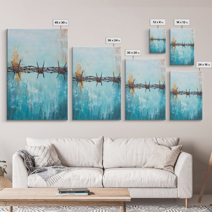 Barbed Wire, southwest wall art, rustic decor, teal wall art, minimalist art, original painting, gift idea for him, canvas print