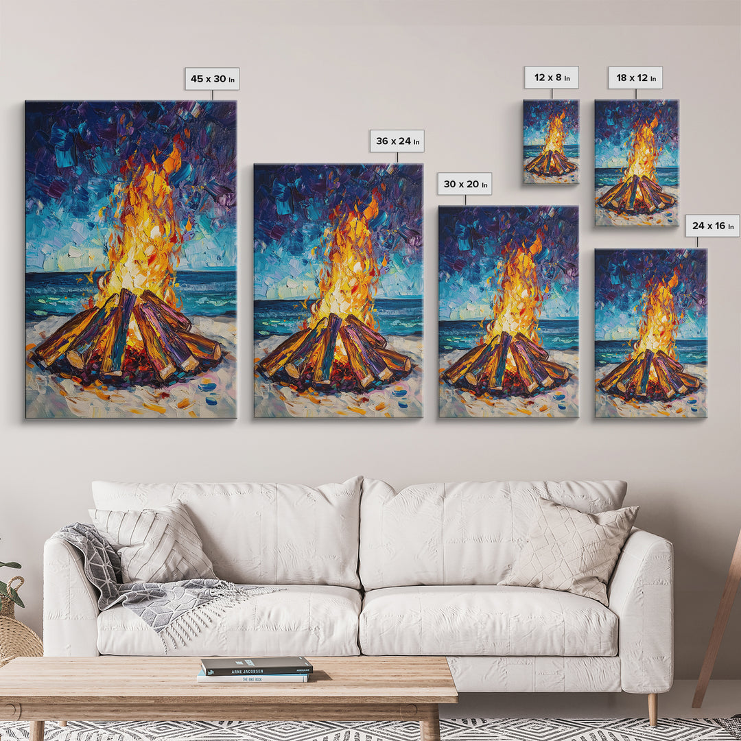 Beach Bonfire, coastal painting, moody art, seascape painting, coastal decor, nautical painting, original painting, framed canvas print