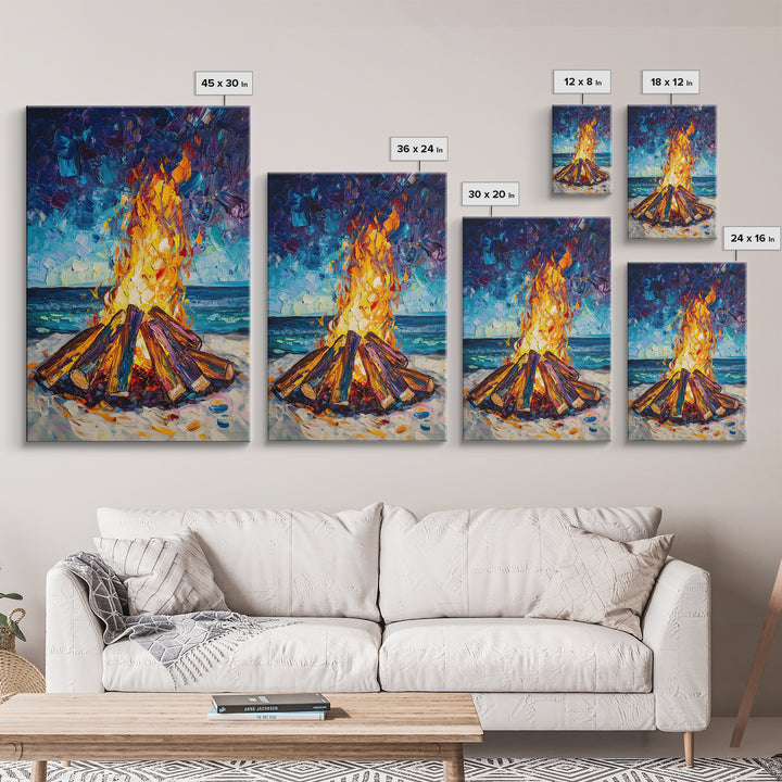 Beach Bonfire, coastal painting, moody art, seascape painting, coastal decor, nautical painting, original painting, framed canvas print