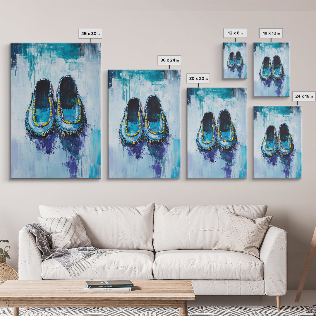 Blue Moccasins, boho art, whimsical art, teal wall art, folk art, rustic art, gift idea for her, original painting, canvas print